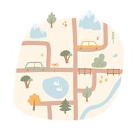 kinderen stad kaart. vector illustratie van een stad kaart met auto's, bergen, bomen. hand getekend illustratie voor een kinderen kamer.