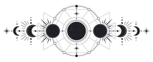 maan fasen. mysterieus maanlicht werkzaamheid stadia, hand- getrokken heilig geometrie maan, magie astrologie symbolen, fasen van maan vector illustratie