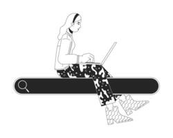 vrouw met laptop zittend Aan zoeken doos zwart en wit 2d lijn tekenfilm karakter. Kaukasisch vrouw surfing internet geïsoleerd vector schets persoon. informatie monochromatisch vlak plek illustratie