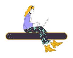 vrouw met laptop zittend Aan zoeken doos 2d lineair tekenfilm karakter. Kaukasisch vrouw surfing internet geïsoleerd lijn vector persoon wit achtergrond. informatie online kleur vlak plek illustratie