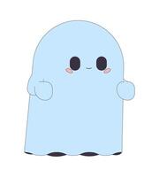 schattig weinig geest 2d lineair tekenfilm karakter. spookachtig drijvend monster in vel. verloren geest geïsoleerd lijn vector personage wit achtergrond. halloween viering kleur vlak plek illustratie