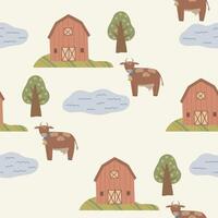 boerderij naadloos patroon met boerderij huis, bomen en koe, hand- getrokken schattig kinderen achtergrond wijnoogst retro pallete vector