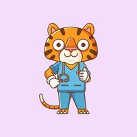 schattig tijger dokter medisch personeel chibi karakter mascotte icoon vlak lijn kunst stijl illustratie concept tekenfilm vector