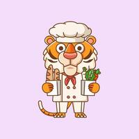 schattig tijger chef koken dienen voedsel dier chibi karakter mascotte icoon vlak lijn kunst stijl illustratie concept tekenfilm vector