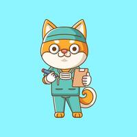 schattig shiba inu hond dokter medisch personeel chibi karakter mascotte icoon vlak lijn kunst stijl illustratie concept tekenfilm vector