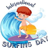 internationale surfdag banner met een jongen surfer stripfiguur geïsoleerd vector