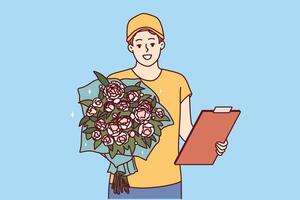 Mens koerier met boeket van bloemen en klembord houdt rozen naar scherm terwijl presenteren geschenk vector