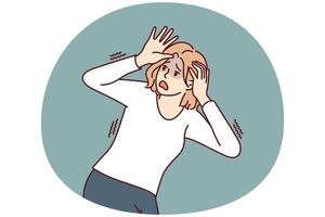 bang vrouw in paniek raken en proberen naar ontwijken aan het bedekken hoofd met handen gevoel Gevaar en bedreiging vector