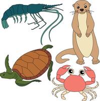 aquatisch dieren clip art set. zee schildpad, Otter, krab, garnaal vector