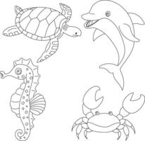 aquatisch dieren clip art set. zee dieren van zeepaardje, zee schildpad, dolfijn, krab vector