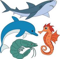 aquatisch dieren clip art set. haai, dolfijn, garnaal, zeepaardje vector