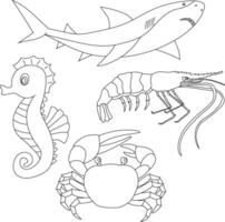 aquatisch dieren clip art set. zee dieren van zeepaardje, haai, garnaal, krab vector