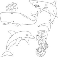 aquatisch dieren clip art set. zee dieren van dolfijn, walvis, haai, zeepaardje vector