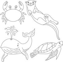 aquatisch dieren clip art set. zee dieren van walvis, zee schildpad, Otter, krab vector