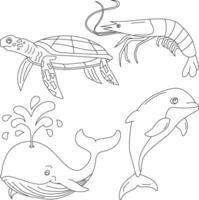 aquatisch dieren clip art set. zee dieren van zee schildpad, walvis, dolfijn, garnaal vector