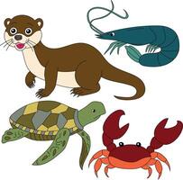 aquatisch dieren clip art set. krab, Otter, garnaal, zee schildpad vector