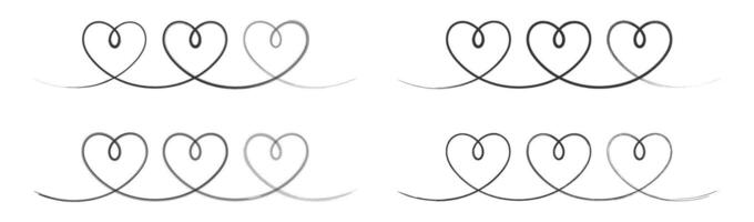 een lijn hand- getrokken drie hart icoon set. vector illustratie.