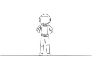 single doorlopend lijn tekening jong astronaut staand Rechtdoor. overleven inflatie en pandemieën. op zoek naar de toekomst van bedrijf is vol van hoopt van succes. een lijn ontwerp vector illustratie