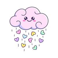 schattig tekenfilm wolk met een glimlachen gezicht regenen met harten. vector kinderen tekening, illustraion