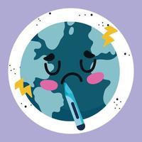 online dokter, trieste wereldplaneet met thermometer cartoon covid 19 vector