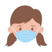 covid 19 coronavirus, meisjesgezicht met medisch masker geïsoleerd pictogram witte achtergrond vector