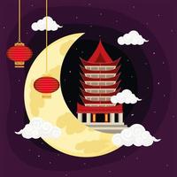 chinese tempel en volle maan vector