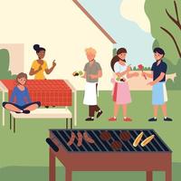 familie barbecuefeest in de achtertuin vector