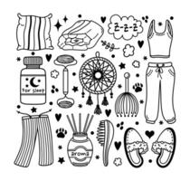 krijgen klaar voor bed vector set. nachtkleding - pyjama, slippers. slaap items - droom vanger, slapen pillen, aroma verdeler, kussen, deken. nacht zelfzorg routine. bedtijd, dutje. hand- getrokken doodles