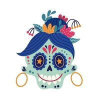 schattig suiker schedel vector icoon. hoofd van een vrouw met een traditioneel kapsel, een geschilderd ornament, goud oorbellen, bloemen. glimlachen gezicht, Mexicaans masker voor cinco de mayonaise, dag van de dood. tekenfilm tekening