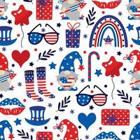 Amerikaans onafhankelijkheid dag, naadloos vector patroon. 4e van juli viering - gnoom met een voetzoeker, ballonnen, sterren, hoeden, cadeaus in de kleuren van de Verenigde Staten van Amerika vlag. nationaal evenement, patriottisch achtergrond