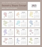 gemakkelijk 2025 kalender sjabloon met meetkundig vormen schetsen concept illustraties. minimaal lay-out vector ontwerp. kalender voor de jaar 2025 tafels voor 12 maanden. modern en elegant ontwerp
