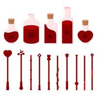 verzameling van liefde drankjes en rood magie toverstokken voor Valentijnsdag dag. magie en liefde formule. vector