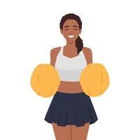 jong mooi glimlachen meisje cheerleader in rood kostuum dansen in beweging met geel pompons. vector