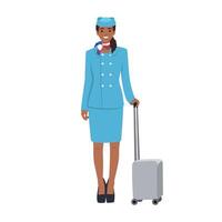 jong stewardess vrouw met koffer. jong vriendelijk lucht gastvrouw in rood uniform vector