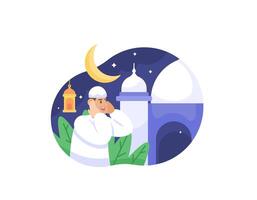 illustratie van een moslim Mens is zingen de adhan. nacht achtergrond met moskee, halve maan maan en lantaarn. illustratie van Ramadan thema concept ontwerp, eid al fitr, eid al-adha, Islam. grafisch vector