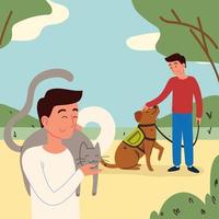 mannen in het park met huisdieren vector