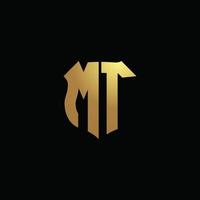 mt logo monogram met gouden kleuren en schildvorm ontwerpsjabloon vector