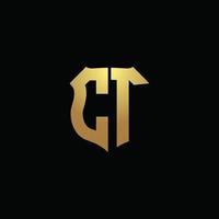 ct-logo monogram met gouden kleuren en schildvorm ontwerpsjabloon vector