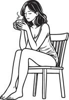 vrouw drinken koffie Bij huis schetsen tekening. vector