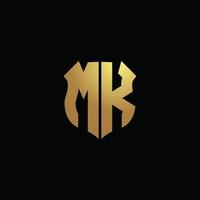 mk logo monogram met gouden kleuren en schildvorm ontwerpsjabloon vector