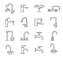 kraan keuken, badkamer kraan met water laten vallen pictogrammen vector