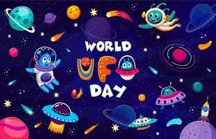 wereld ufo dag poster met schattig buitenaards wezen, ruimteschip vector