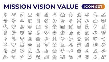 missie, visie en waarde icoon set. schets illustratie van pictogrammen. kern waarden lijn pictogrammen. visie, sociaal verantwoordelijkheid, en probleemoplossing. vector