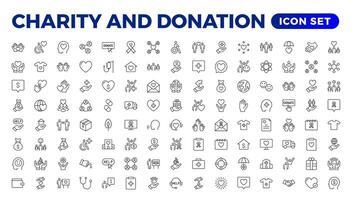 liefdadigheid en bijdrage icoon set. liefdadigheid en bijdrage icoon set, helpen, vrijwilliger, gedoneerd bijstand, delen, en solidariteit symbool. solide pictogrammen vector verzameling.