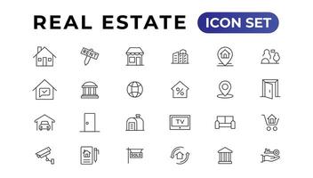 echt landgoed minimaal dun lijn web icoon set. inbegrepen de pictogrammen net zo onroerend goed, eigendom, hypotheek, huis lening en meer. schets pictogrammen verzameling. vector