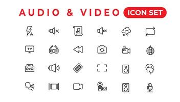 audio video iconen pakket. dunne lijn pictogrammen instellen. platte icoon collectie set. eenvoudige vector iconen