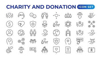 liefdadigheid en bijdrage icoon set. liefdadigheid en bijdrage icoon set, helpen, vrijwilliger, gedoneerd bijstand, delen, en solidariteit symbool. solide pictogrammen vector verzameling.