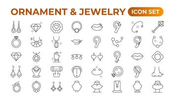 ornament en sieraden icoon reeks . gemakkelijk reeks van sieraden verwant vector lijn pictogrammen. bevat zo pictogrammen net zo oorbellen, lichaam kruisen, en verloving ringen. schets icoon verzameling.
