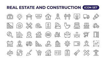 echt landgoed en bouw icoon set. inbegrepen de pictogrammen net zo onroerend goed, eigendom, huis lening en meer. schets pictogrammen verzameling. vector