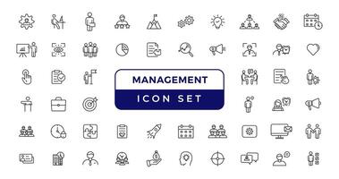 bedrijf of beheer icoon set. met manager, teamwerk, strategie, marketing, bedrijf, planning, opleiding, werknemer pictogrammen. solide pictogrammen vector verzameling.